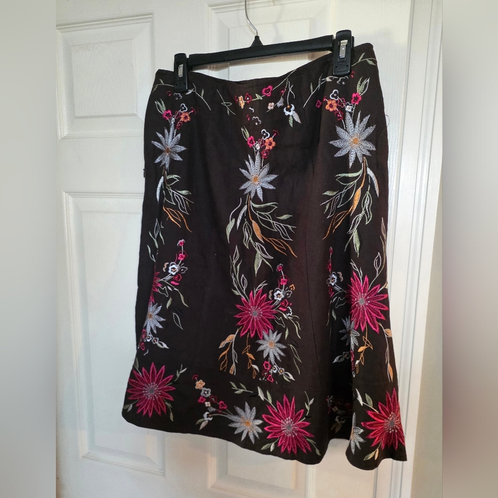 Linea Embroidered Floral Brown Linen A Line Skirt 14 - Picture 4 of 10